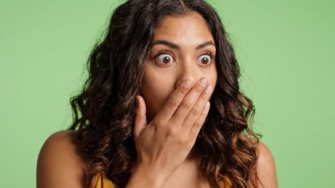 A Woman's Emotional Journey: Capturing the Moment of Surprise and Contemplation Against a Soft Green Background in a Two-Frame Video Sequence