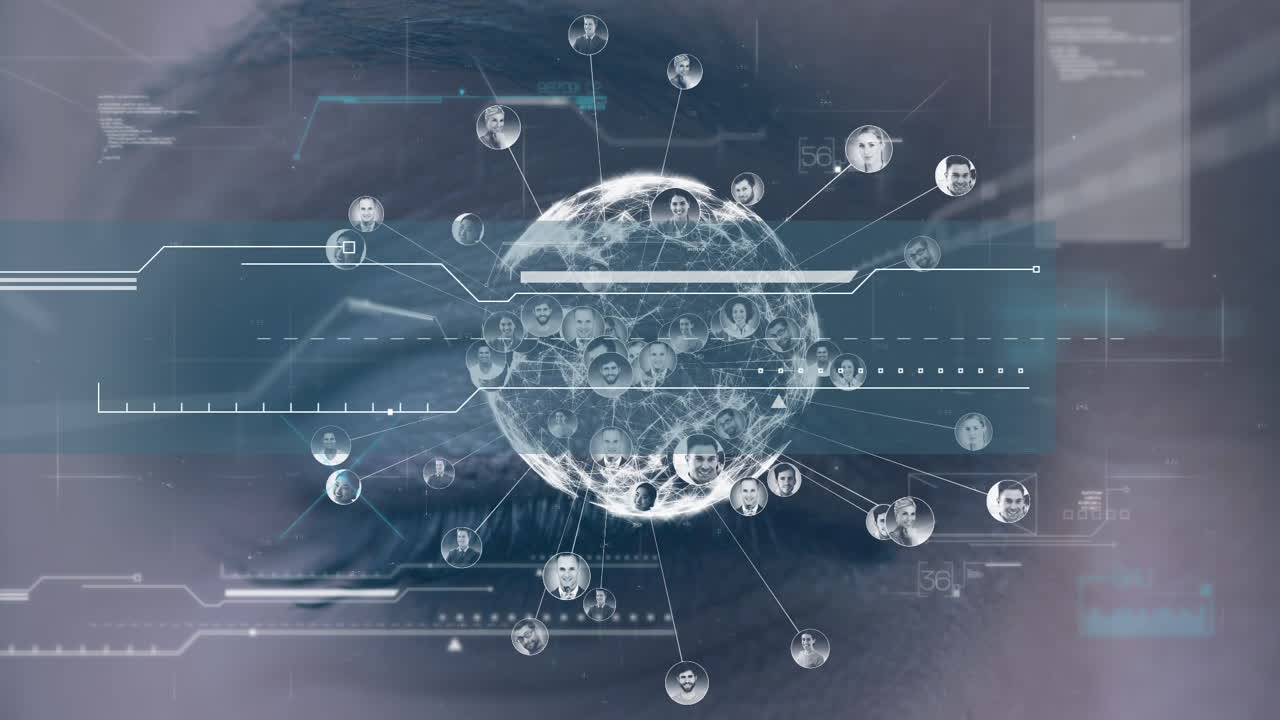 데이터 프로세싱의 애니메이션, 연결의 네트워크와 백인 여성의 눈 위의 지구