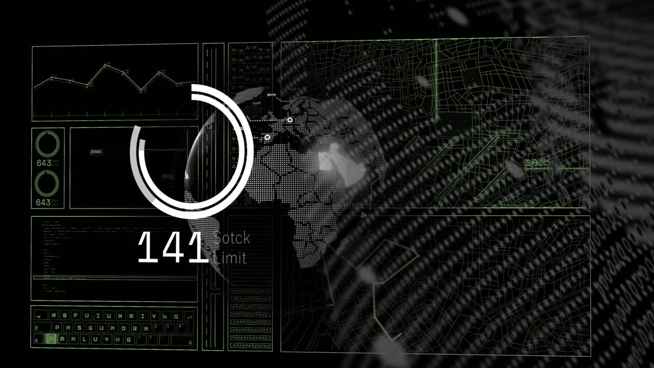 Animation of loading circles with changing numbers over graph, globes against black background