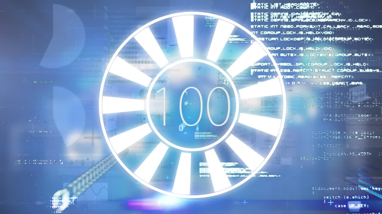 파란색 배경에 둥근 스캐너 회전과 데이터 처리를 통해 증가하는 숫자의 애니메이션