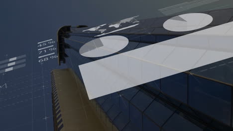 animation of financial data processing over city office buildings