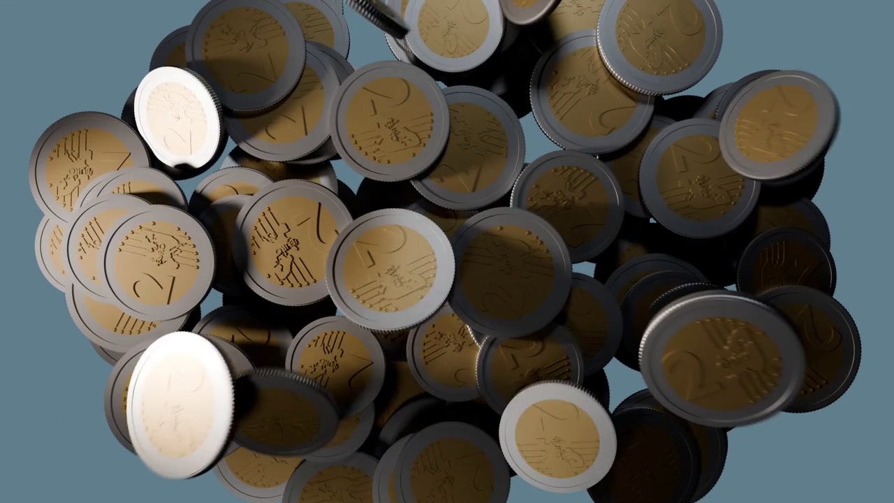 Falling coins entering from upper-left, striking pile, scattering and tumbling, showing spread