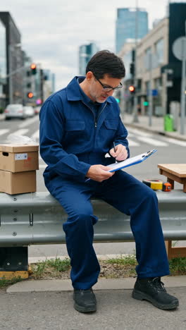 delivery person sitting on road taking notes