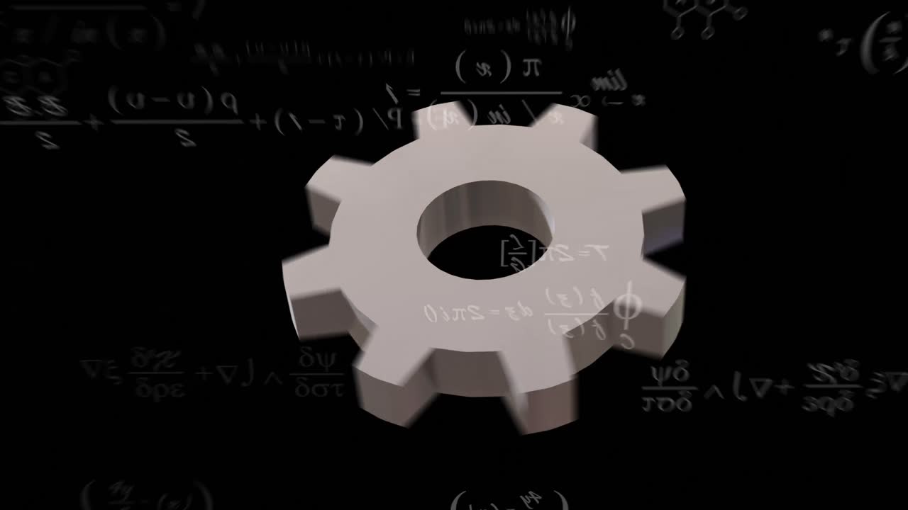 animación de engranajes giratorios y ecuaciones matemáticas sobre fondo negro