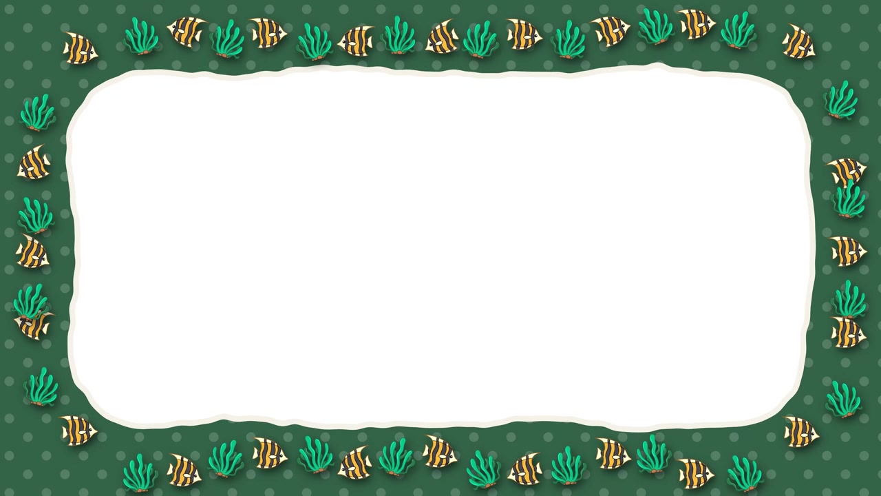 Green hand drawn textured border loop with tropical floral patterns and central blank copy space.