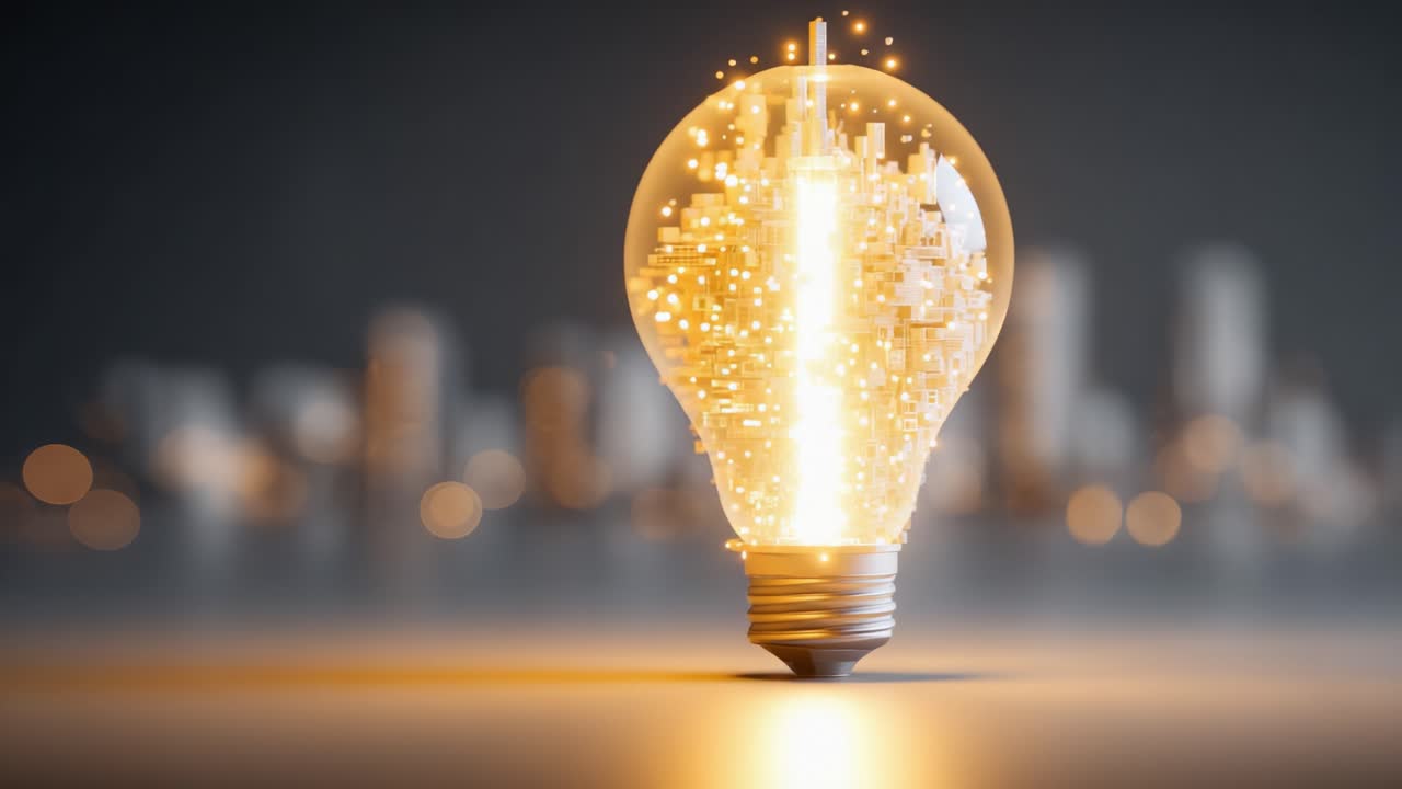 Una visualizzazione creativa dell'innovazione: una lampadina che abbraccia uno skyline urbano su uno sfondo di atmosfera luminosa ed elementi architettonici moderni.