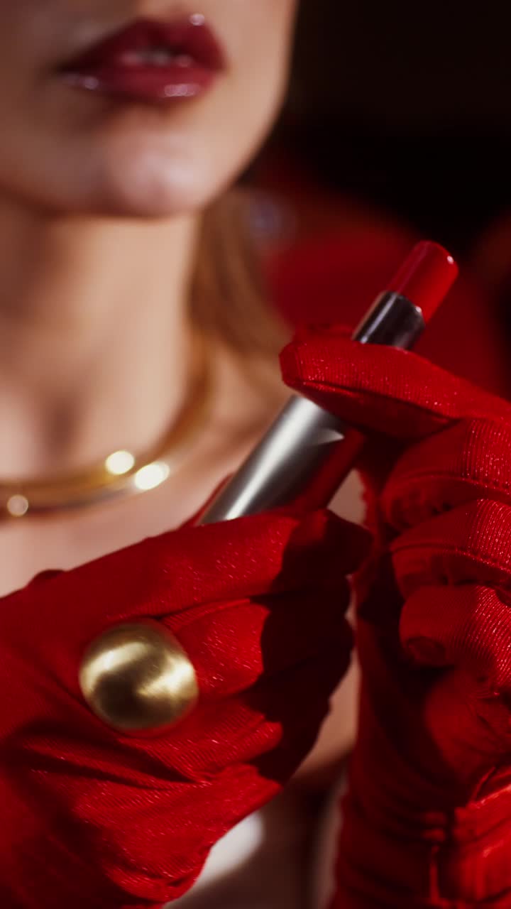 Woman in red gloves holding lipstick