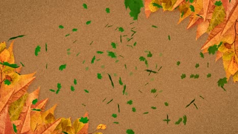 Animation-of-multiple-autumn-leaves-falling-on-brown-background