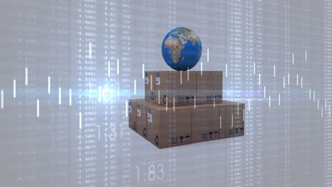 Animation-of-statistics-processing-over-globe-and-cardboard-boxes