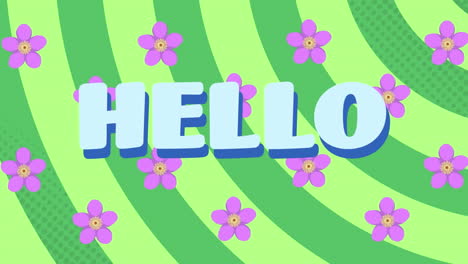 animación de texto de saludo y flores sobre círculos sobre fondo verde.