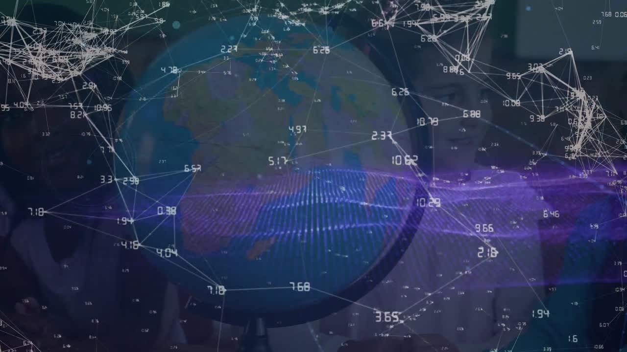 학교에서 세계 모형을 만지는 세 명의 다양한 소녀에 대한 연결 네트워크의 애니메이션