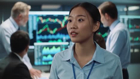A group of finance professionals engages in lively discussions in a corporate office. Multiple screens show fluctuating financial charts and data analytics while team members brainstorm solutions.