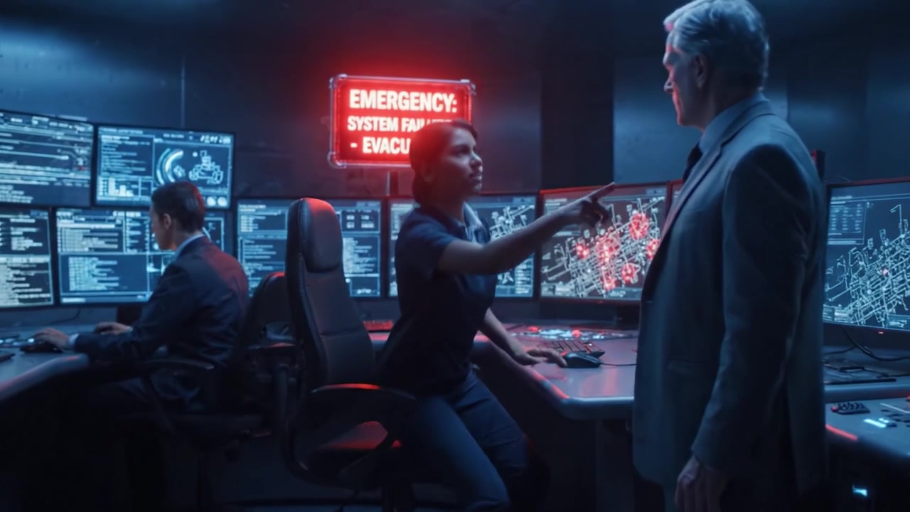 In a high-tech control room, a sudden emergency alert signals a system failure, prompting immediate evacuation protocols as personnel react to the unfolding crisis.