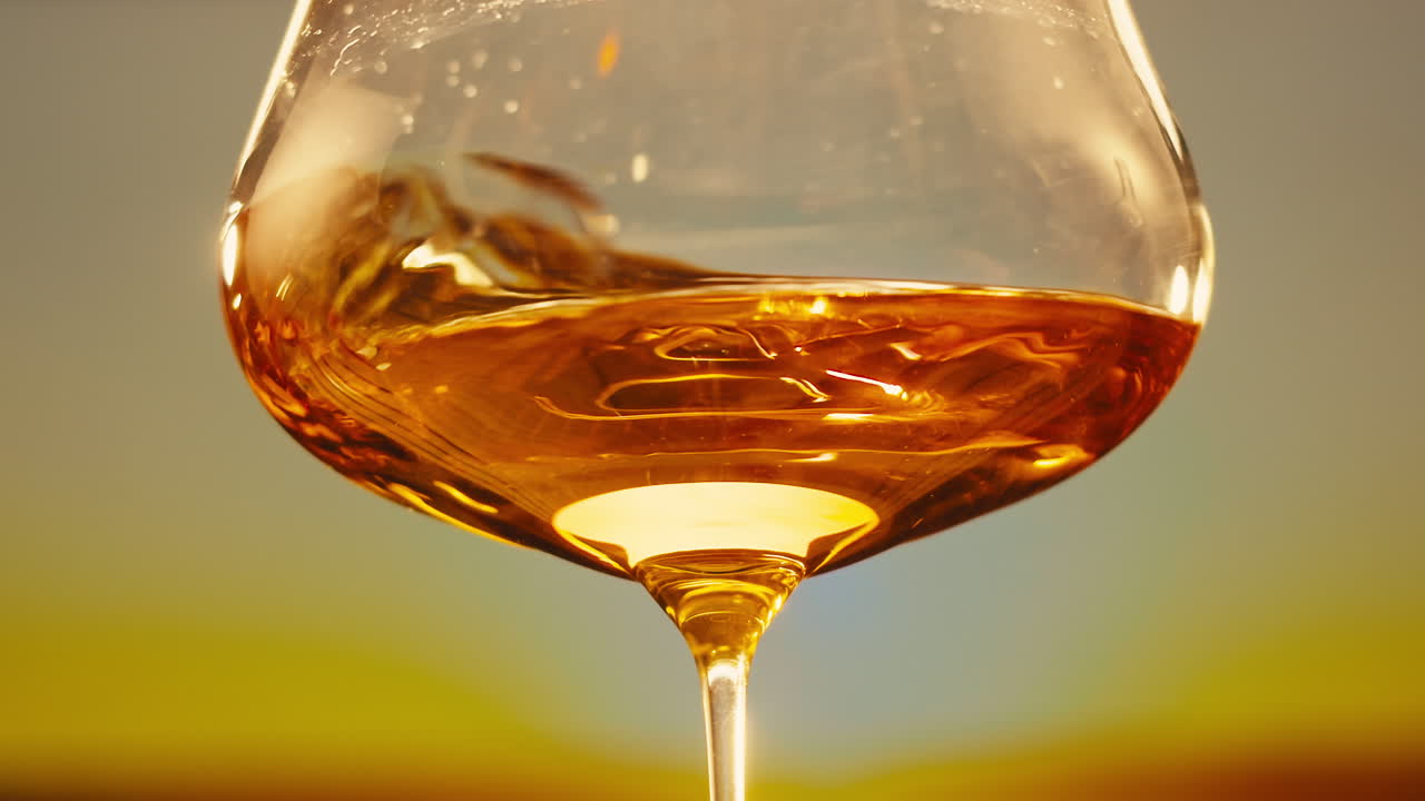 Orange or white wine bottle and glass against a sunset in a peaceful vineyard, pouring of ecological natural wine.