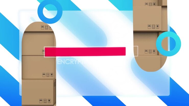Animation of shapes, data processing and stacks of cardboard boxes