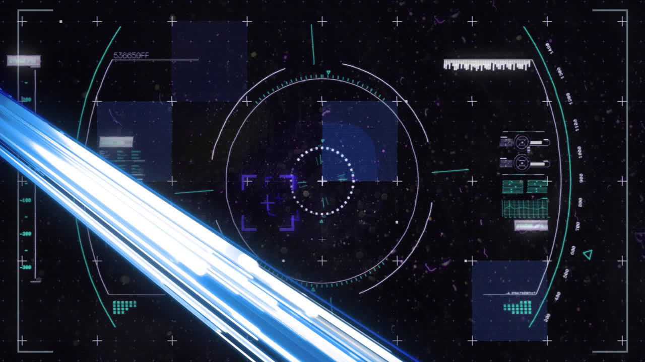 Animation of lights and white light beam over circular scanner processing data on black background