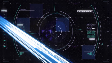 animation of lights and white light beam over circular scanner processing data on black background