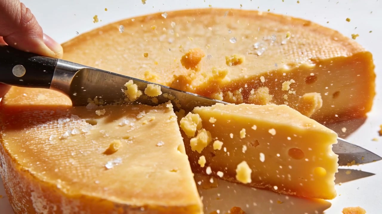 Premendo un coltello in una forma di formaggio, la mano sinistra separa una fetta su un piatto, con le briciole che si spargono.