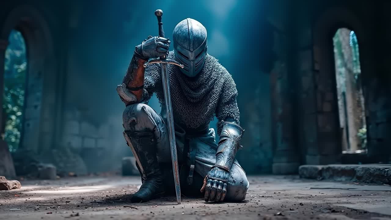 A knight kneeling down with a sword in his hand