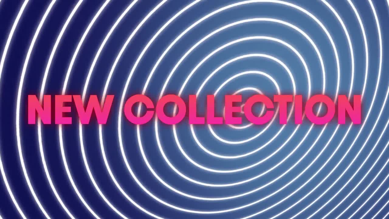 파란색에 움직이는 동심 백색 원 위에 분홍색 텍스트로 새로운 컬렉션의 애니메이션