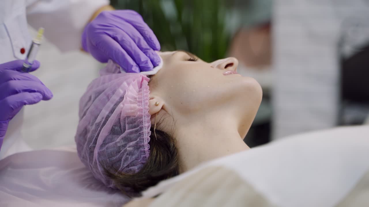 Beauty clinic. Beautician hands in gloves making face anti-aging injection in a female neck. A woman gets beauty facial cosmetology procedure. Botox.