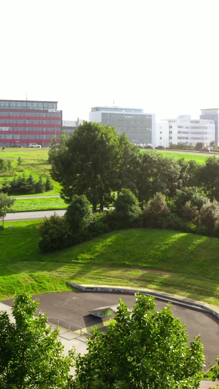 Vista aérea panorâmica sobre um parque verde exuberante com árvores e um moderno distrito comercial ao fundo, em um dia ensolarado em Reykjavik, Islândia.