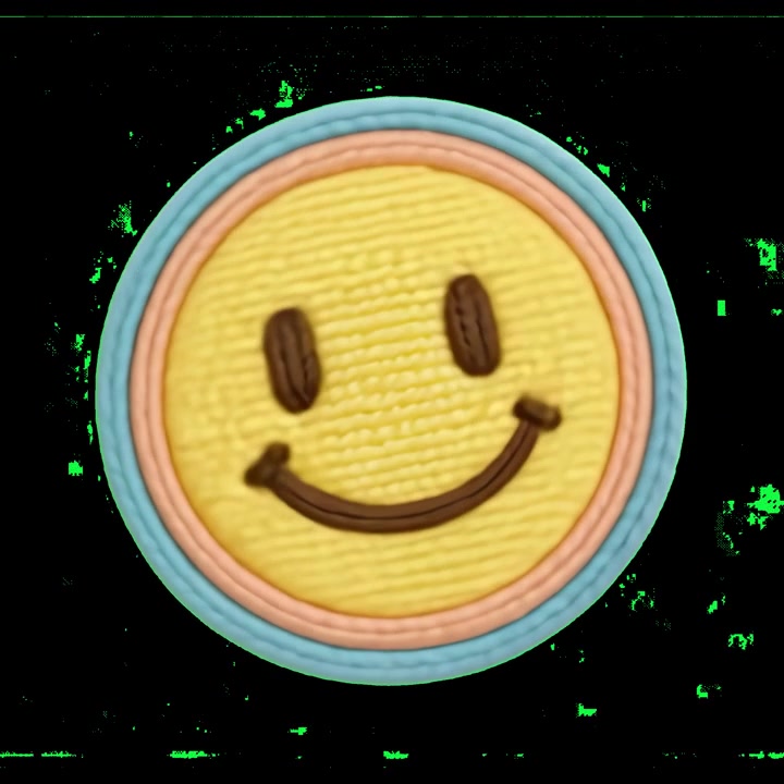 Toppa animata con faccina sorridente lavorata a maglia che ruota su sfondo nero