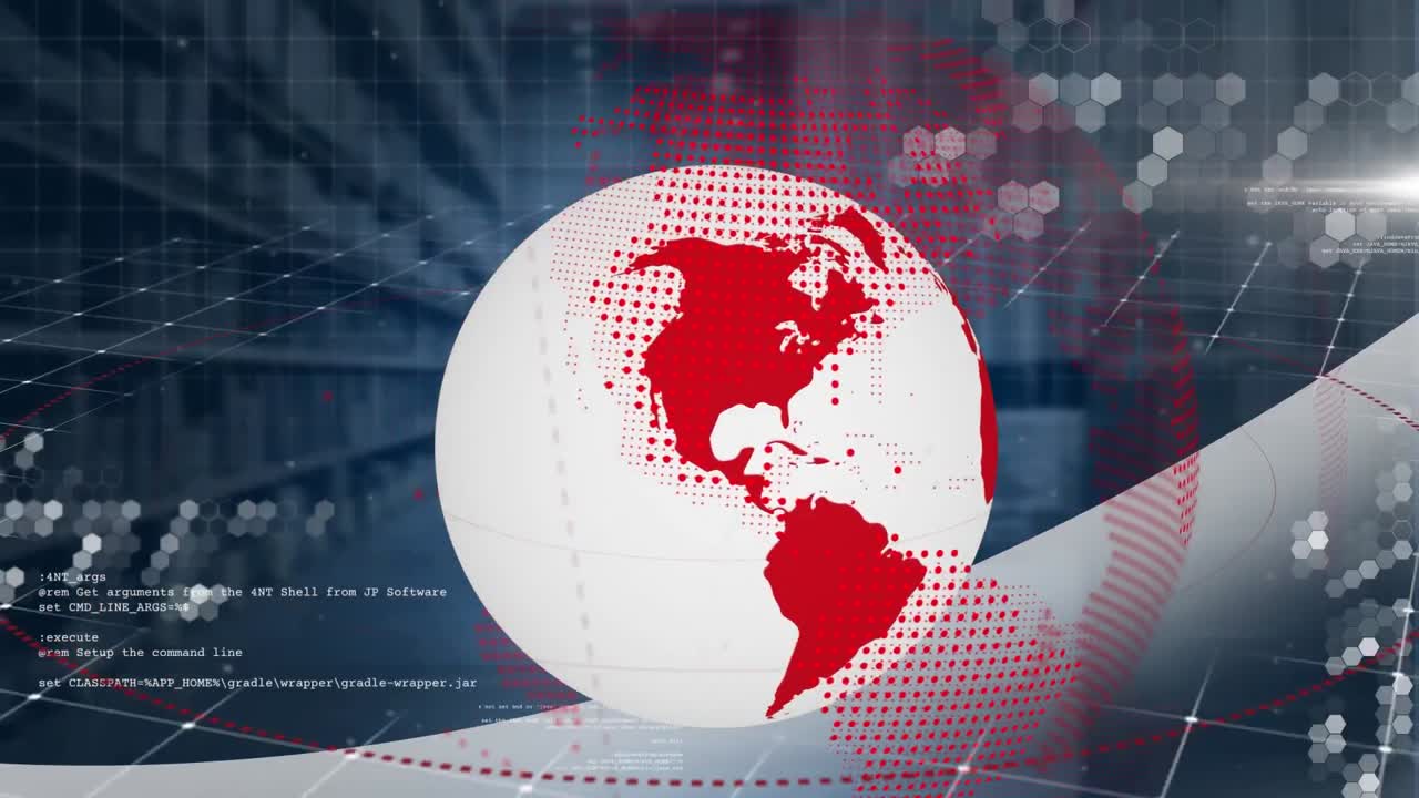 Animación de un globo terráqueo girando con procesamiento de datos sobre un almacén