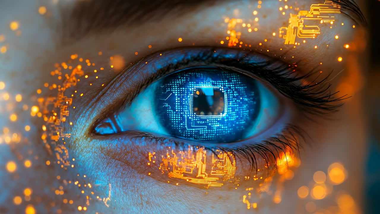 Cybernetic vision reveals digital world. An eye reflects a digital world of circuits and light, symbolizing the blend of technology and humanity