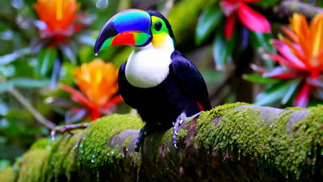 colorful keel-billed toucan perched on mossy branch in tropical forest