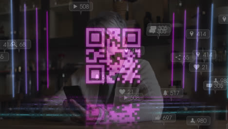 Animation of qr code over woman using smartphone