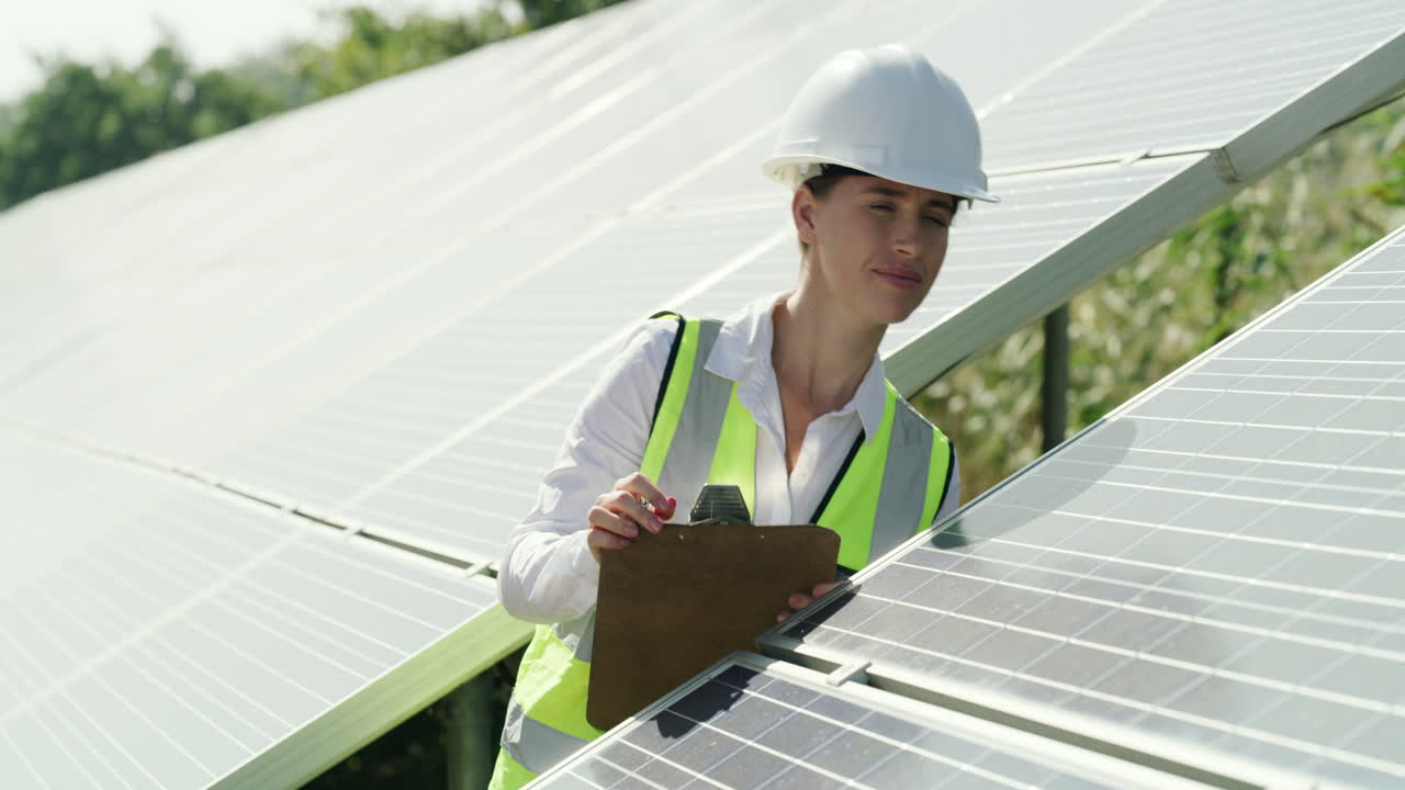 ingeniera inspeccionando paneles solares