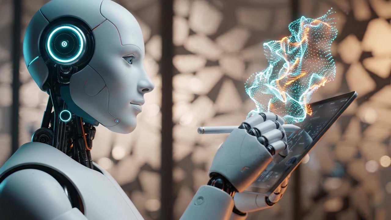 Un robot umanoide dimostra creatività artistica disegnando su un tablet digitale, mostrando tecnologia avanzata e il futuro dell'intelligenza artificiale e dell'arte