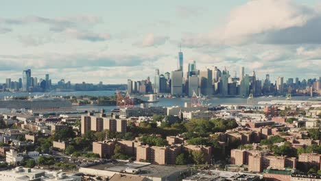 aerial flight across brooklyn towards lower manhattan new york city