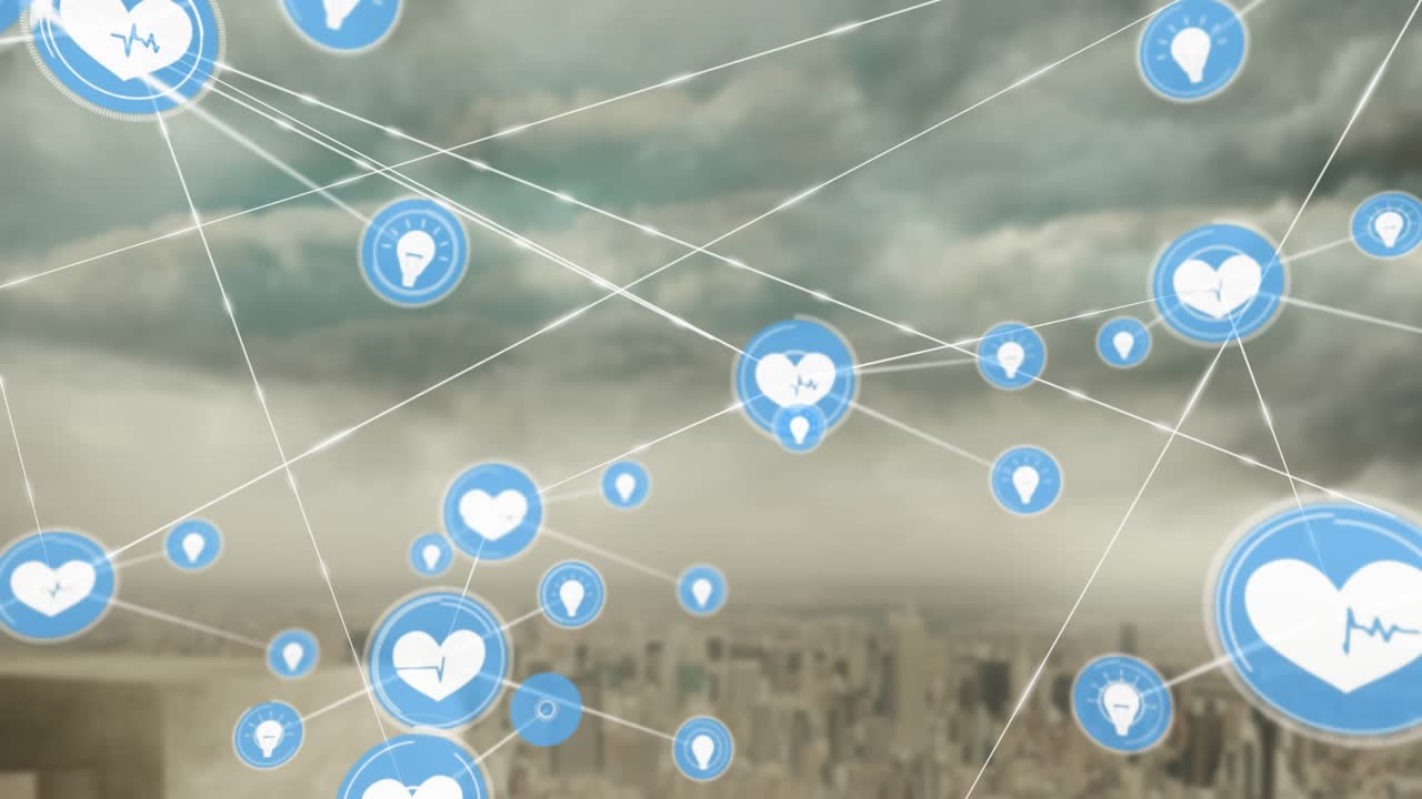 Animação de rede de ícones digitais sobre vista aérea de paisagem urbana contra céu cinzento