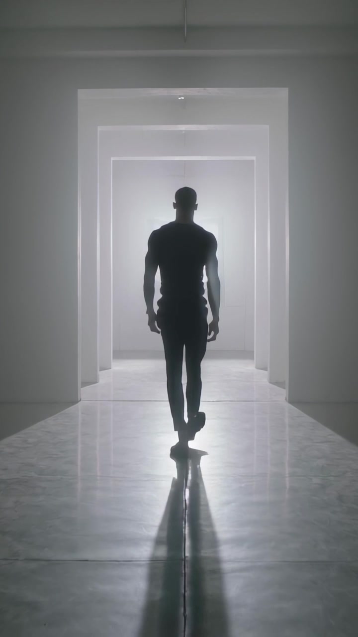 Video verticale: Uomo che cammina con abiti aderenti verso l'obiettivo, attratto da cornici retroilluminate, su un pavimento lucido.
