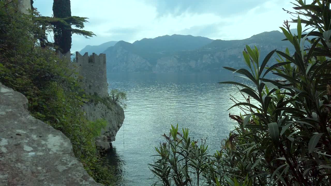 Lush lakeside vegetation framed by serene waters, towering mountains, and expansive skies at Lake Garda