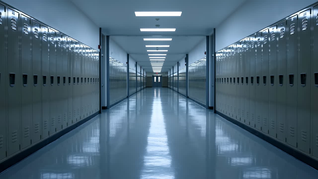 Corridoio vuoto di una scuola superiore inondato di luce blu, lunga fila di armadietti metallici, pavimento lucido e riflettente