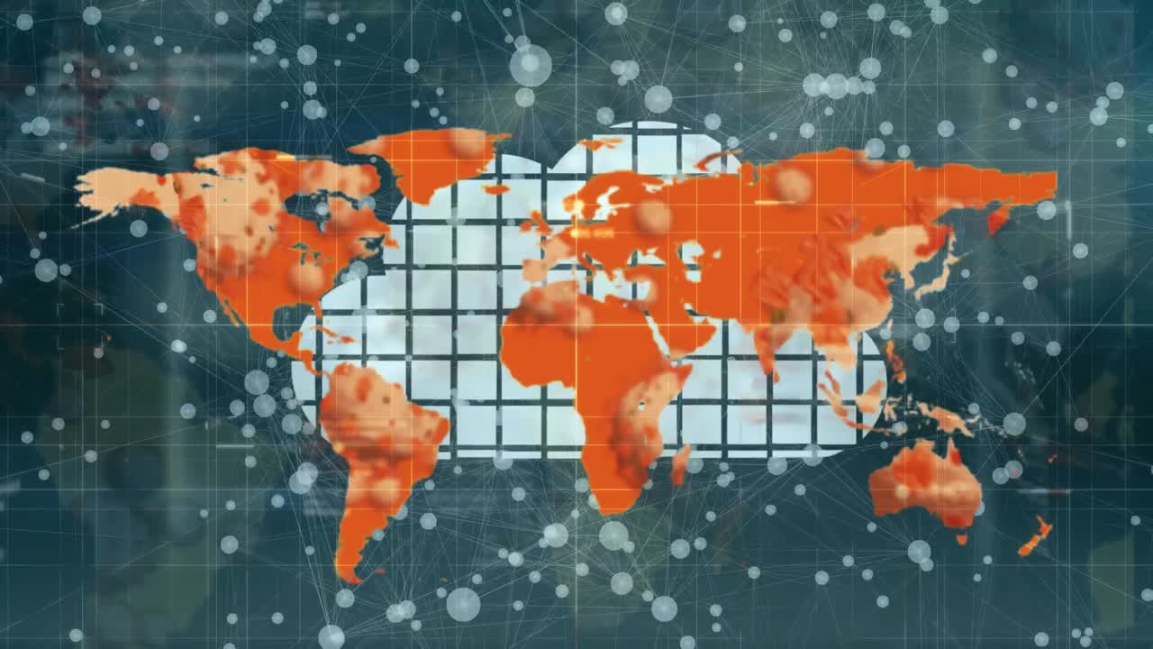 클라우드 아이콘과 연결 네트워크 위의 세계 지도의 애니메이션