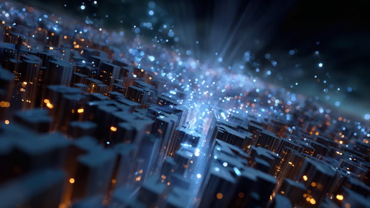 Een betoverende visuele reis door een futuristisch digitaal landschap met fonkelende lichten en complexe structuren die stralen van energie en innovatie