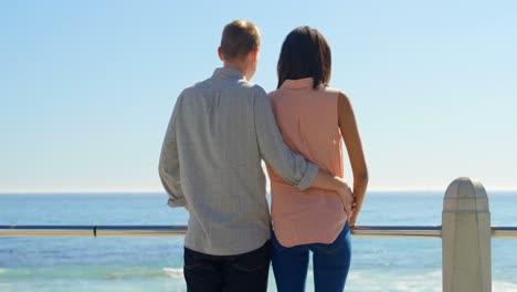 rear view of couple talking while looking at the calm sea 4k