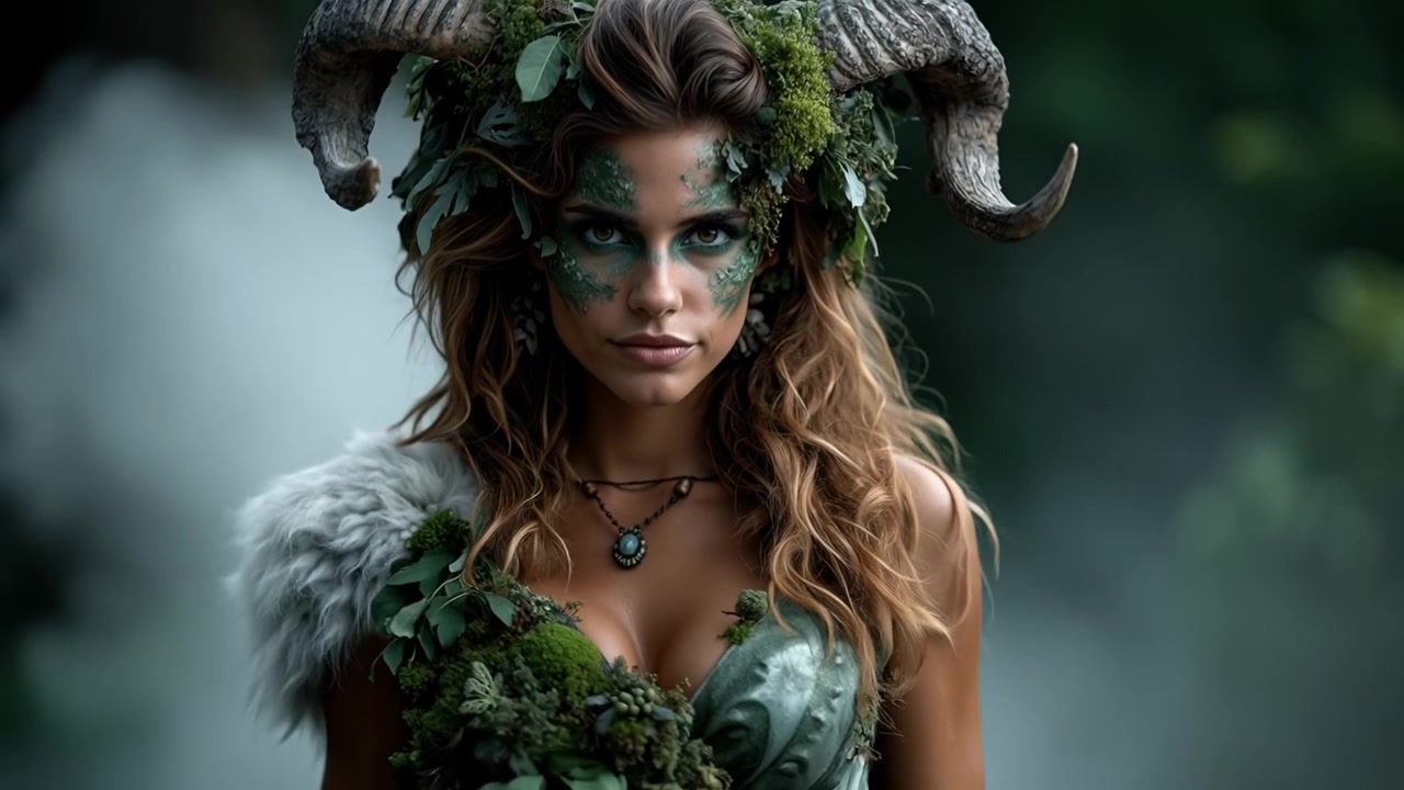 Ritratto di una donna creatura fantastica del bosco con corna di ariete e trucco verde che guarda la fotocamera
