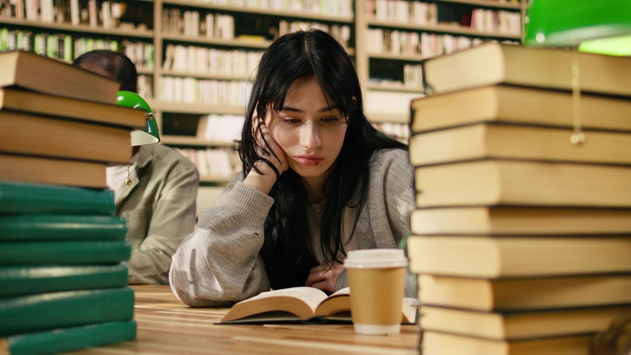 Utmattet ung kvinne leser åpen bok ved universitetsbibliotekets pult.