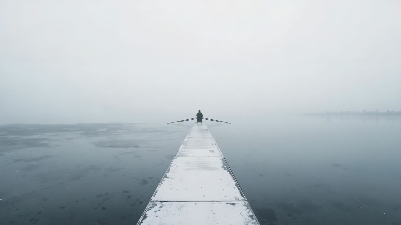 Sitting person wearing parka adjusting grip on long oars at snow-dusted dock, due to cold fog