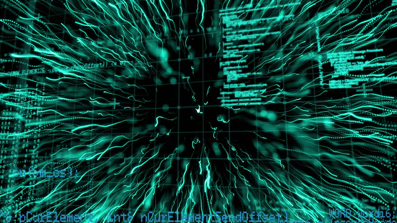 Animation of blue light trails over data processing on green grid