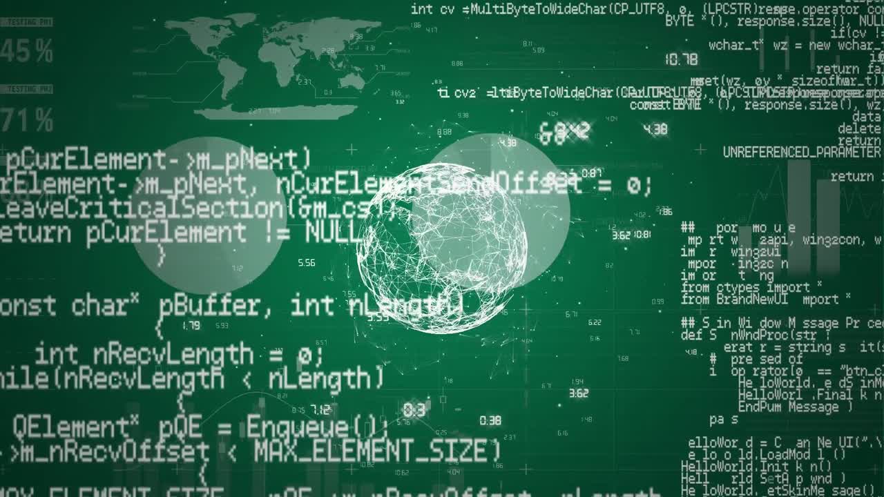 데이터 스크롤, 글로브 회전 및 녹색 배경의 차트