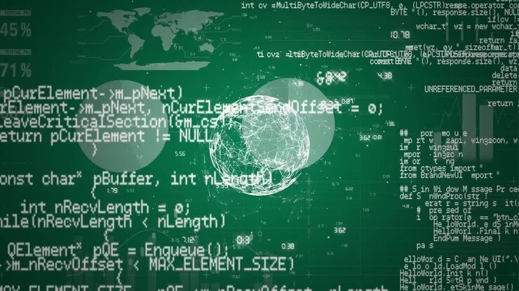 Data scrolling, globe rotating and charts on green background