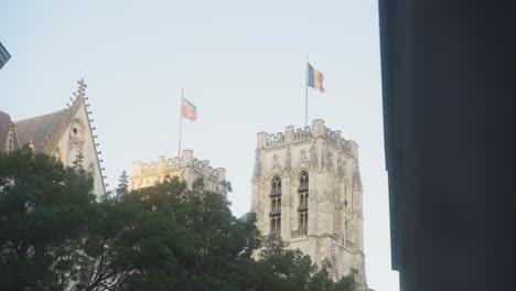 belgian flag waving on top of the gothic cathedral of st