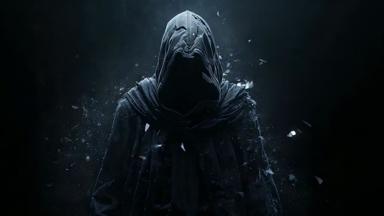 Cloaked figure responding to materializing glowing fragments by conjuring swirling shards in void