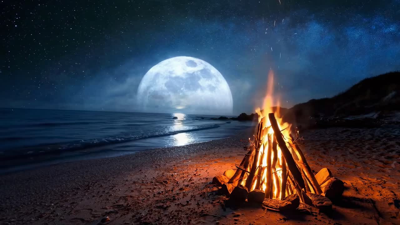 Vídeo em ângulo baixo de uma fogueira na praia sob a luz da lua cheia, com um céu noturno estrelado ao fundo, Live desktop
